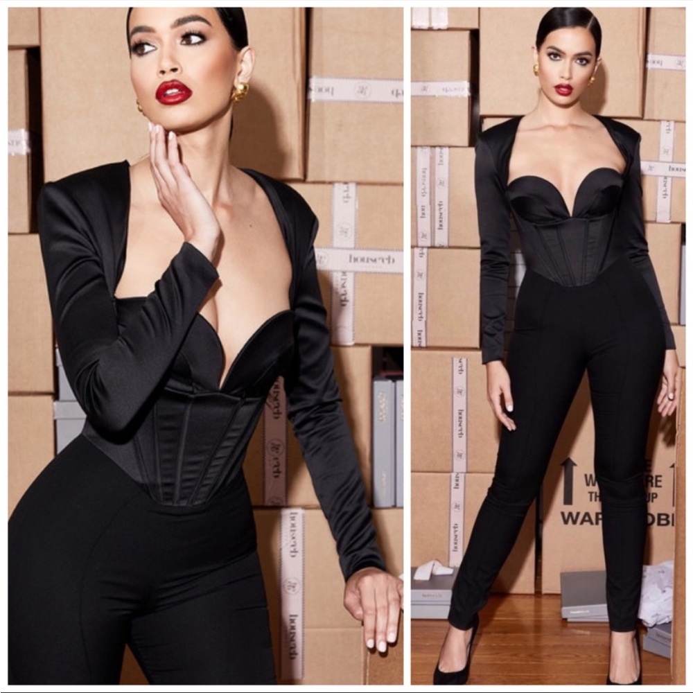 House of CB ‘Zoey’ Black Satin Corset Jumpsuit NWOT - Picture 1 of 7